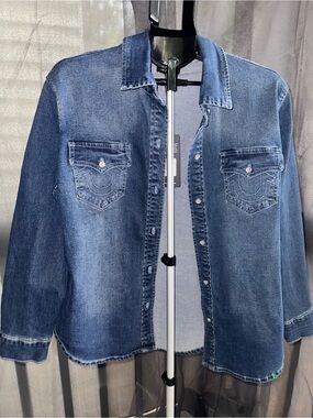 True Religion Brand Jeans Back Graphic Denim Button-Down Shirt NWT